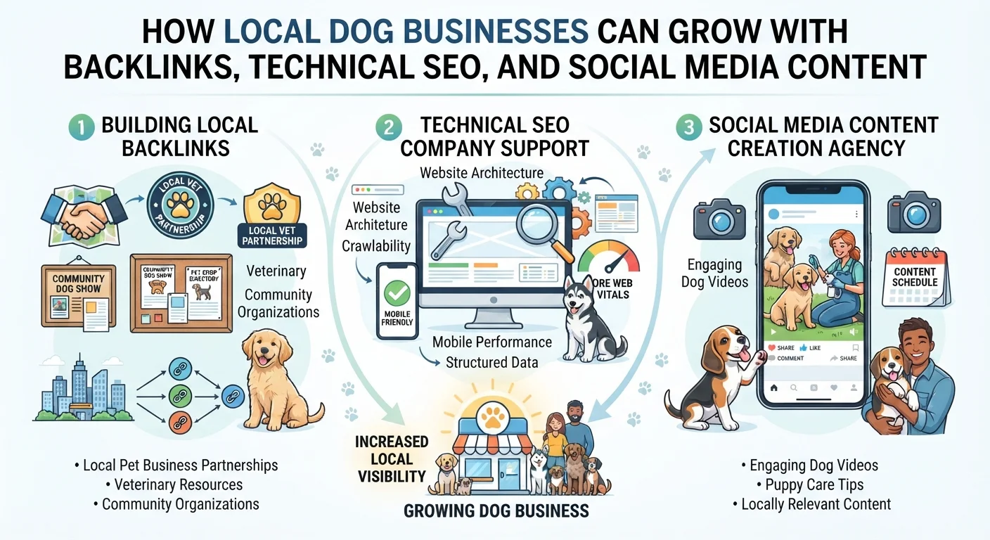 How Local Dog Businesses Can Grow with Backlinks, Technical SEO, and Social Media Content